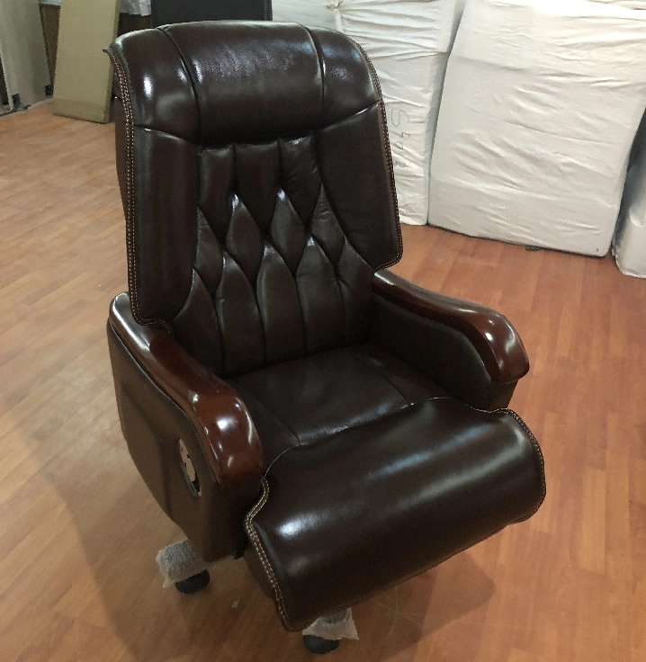 Luxury High Back PU Boss Manager Executive Vintage Over Sized Brown Office Faux Reclining Desk Wooden Office Swivel Reclining Genuine Leather Chairs